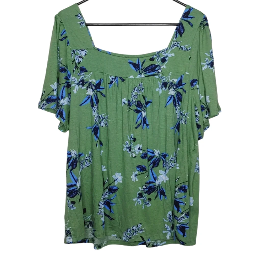 Lucky Brand Green Floral Square Neck Short Sleeve Blouse Size XXL New With Tags - Picture 1 of 16